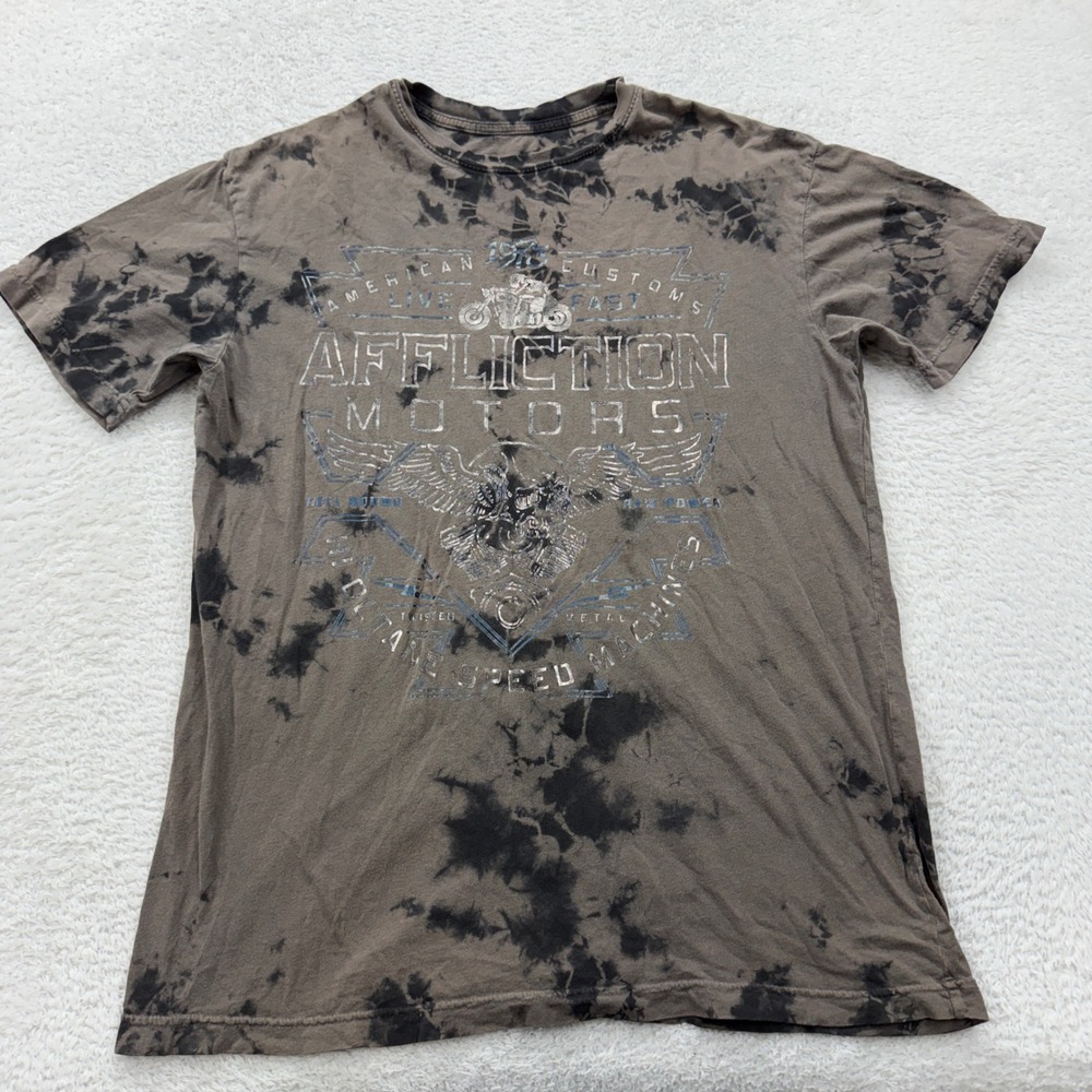 Affliction Motors Mens Large Brown Tie Dye Live Fast Graphic T-Shirt RN127458